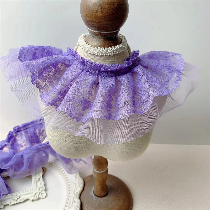 9CM Wide Double Layers Purple Tulle Mesh Wrinkled Embroidered Ribbon Ruffle Lace Trim Dress Curtains Apparel DIY Sewing Decor