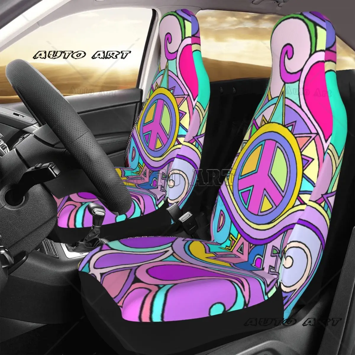 Psychedelic Hippy Retro Peace Art Car Seat Cover Custom Printing Universal Front Protector Accessories Cushion Set