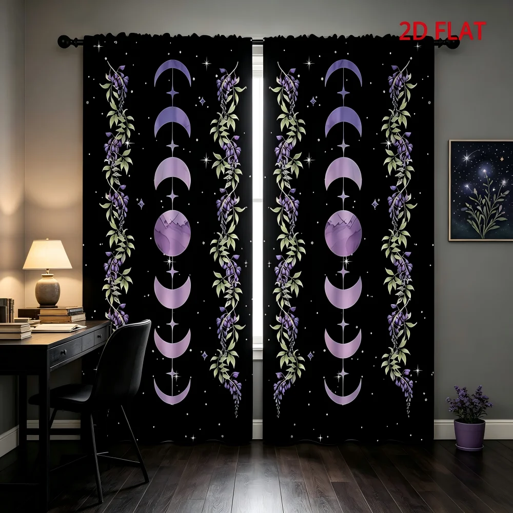 2PCS Digital Print Curtains, Moon Phase Mushroom, Boho Mystic