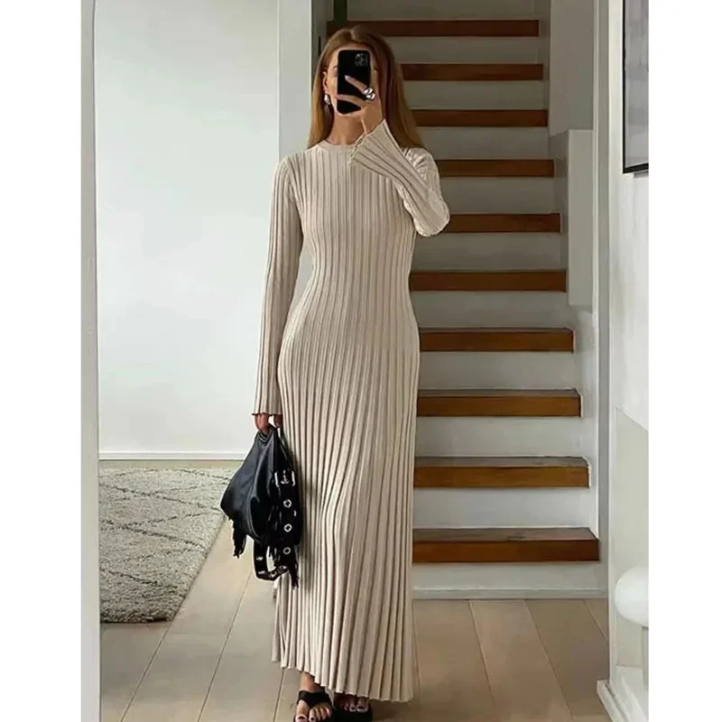 Elegant Knitted Long Sleeve Maxi Dress Women Crochet Slim Fit Solid Lace Up Midi Dress 2024 Autumn Party High Street Lady Robes