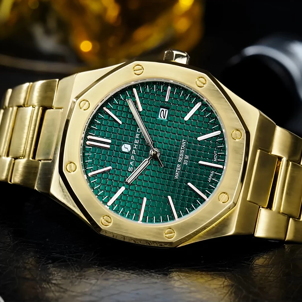 SAPPHERO Golden Mens Watch Octagon Luxury Wristwatch 30M Waterproof Stainless Steel Watch for Men Business Quartz Green Clock