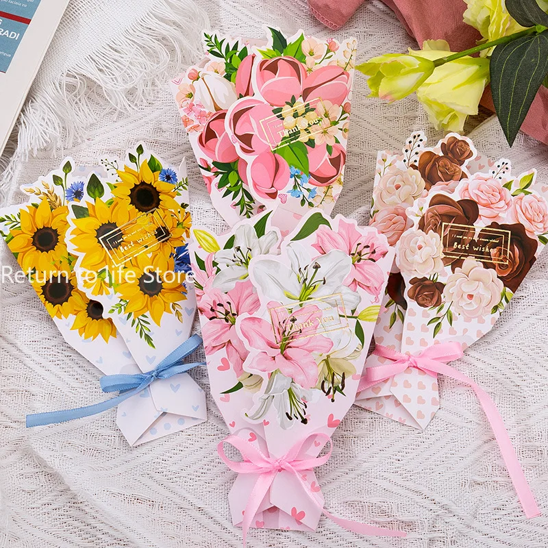 Flower Pattern 3D Foldable Bouquet Greeting Card Blessing Words Wedding Invitation DIY Card Birthday Gift Greeting Card