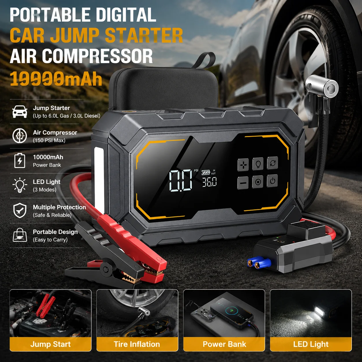 Portable Digital Car Jump Starter Air Compressor 10000mAh Power Supply with Light Emitting Diode Light 150 Psi Tire Inflator