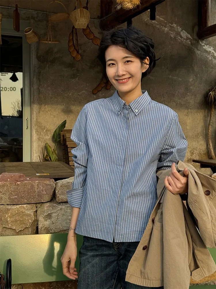 

Blue Striped Pure Cotton Long Sve Women's irt Casual Sle Luxury Feelings New 2026 Langqing Tong Loose Fit irt