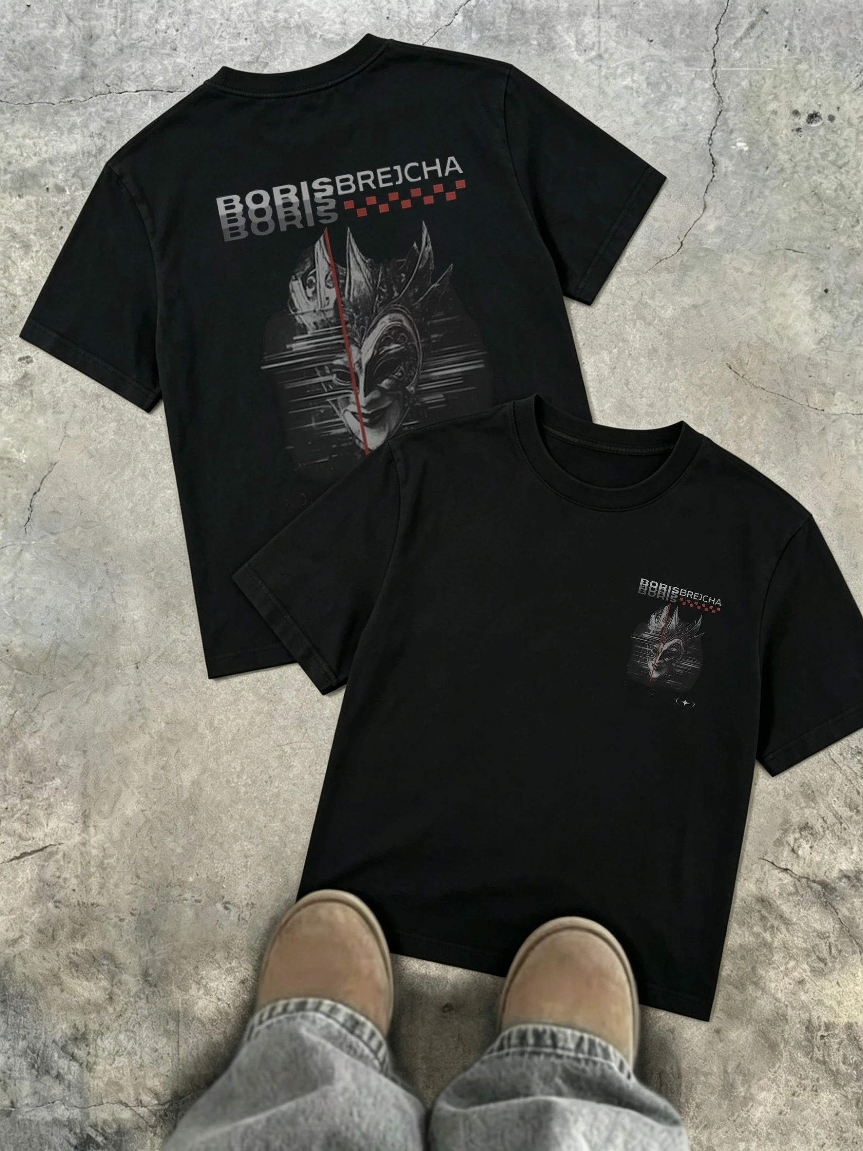 Schwarzes, lockeres Kurzarmhemd für Herren mit Boris Brejcha-Maskenmuster-Druck. Lockeres, lässiges Unisex-Streetwear-Hemd. – Detail 4