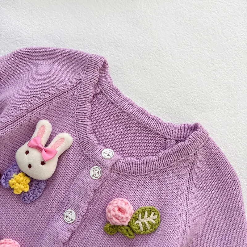 Spring Baby Girls Knitted Cardigan Sweater Coat Infant Long Sleeve Toddler Handmade Girl Cotton Appliques Rabbit Flower Clothes