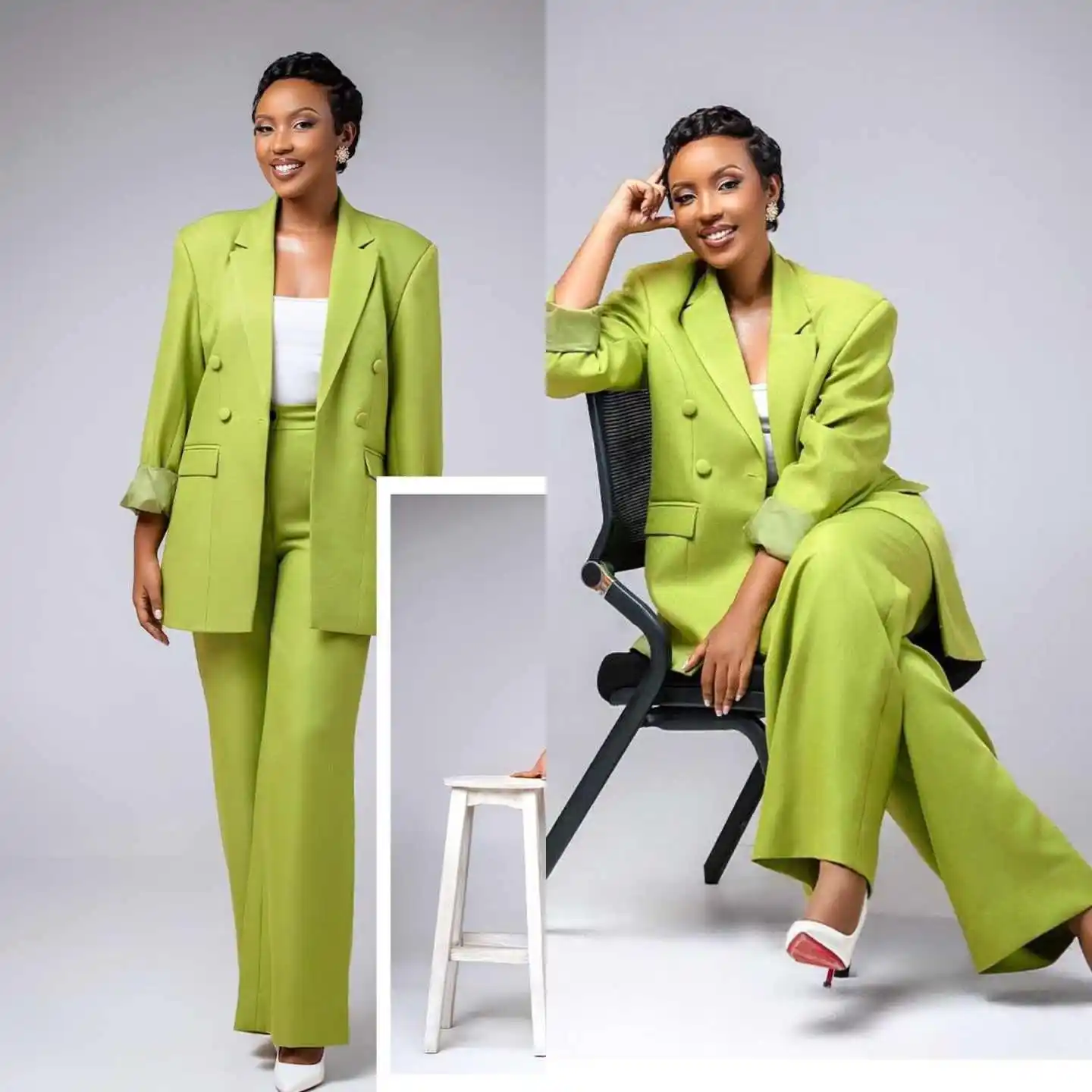 Elegant Loose Women Suits Double Breasted Pocket Customized Blazers 2 Pieces Set (Jacket+Pants) Fashion Streetwear Daily Coat