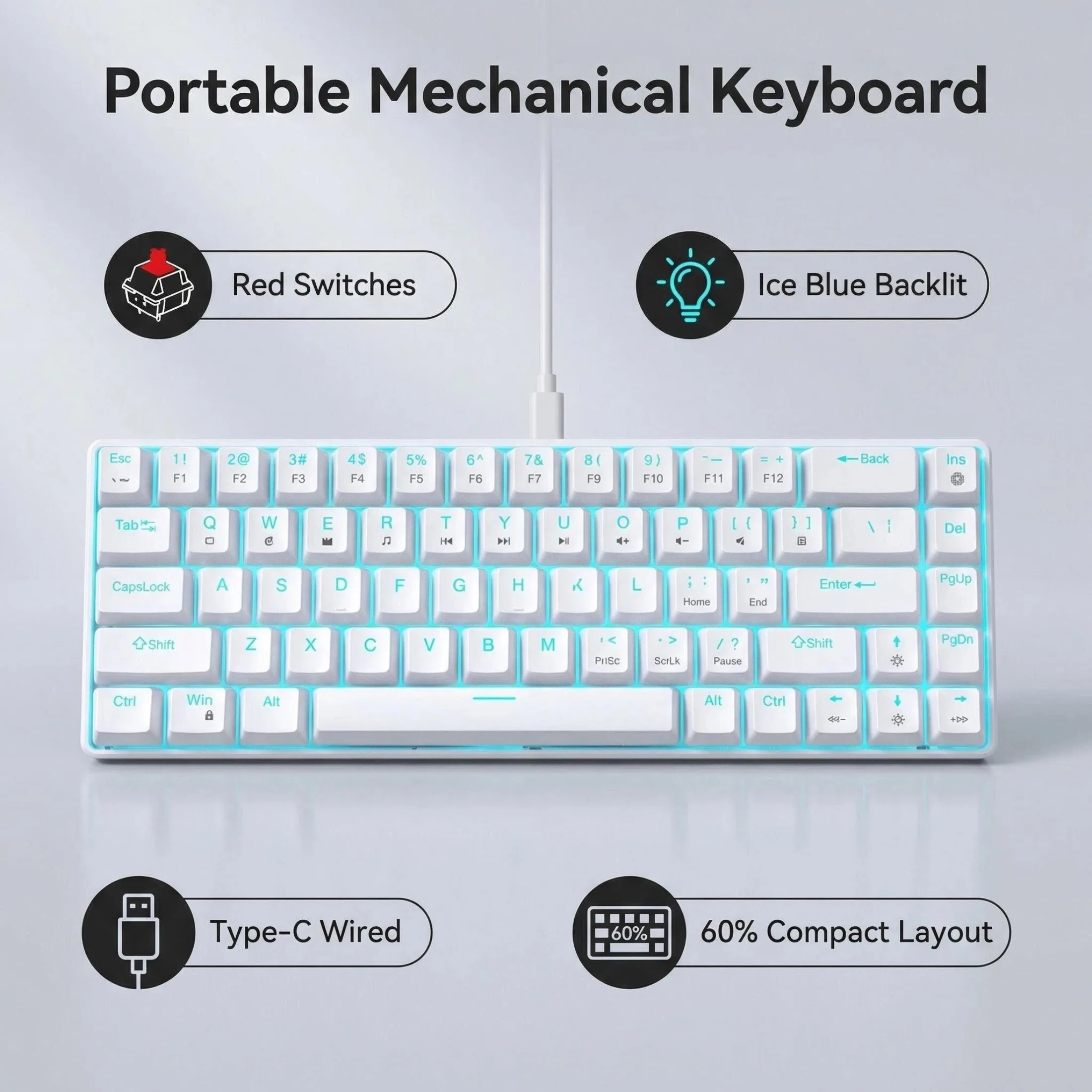 Ultra Compact 60% Gaming Mechanical Keyboard 68-Key Red Switch Wired Anti-Ghosting Mini Keyboard for Gamers
