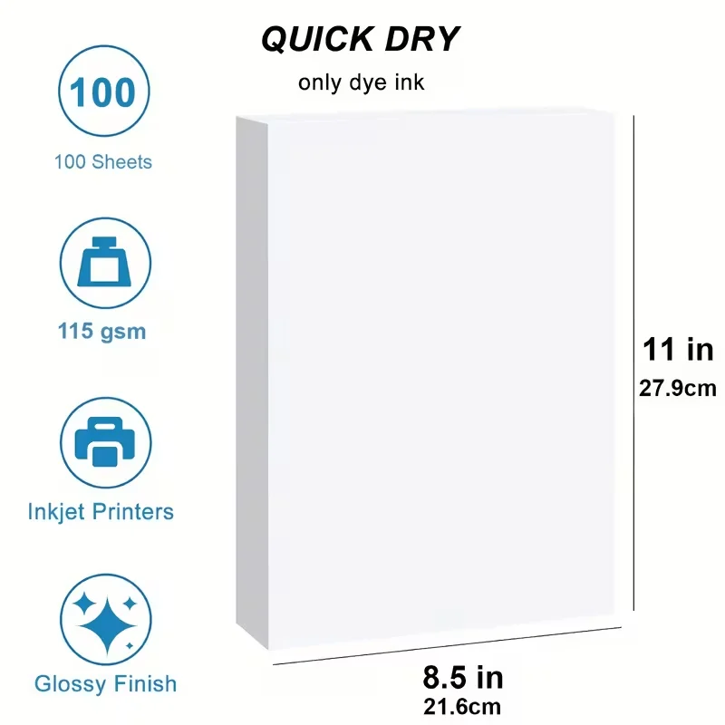 100 Sheets 8.5x11 In 115GSM Single Side Glossy Photo Print Inkjet Letter Size DIY Chip Bag Party Favors Brochure Flyer Picture