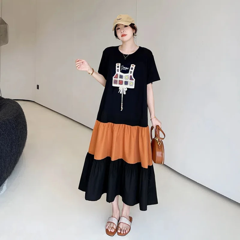 2024 Sommerkleider Frau neue lose plus Größe Patchwork Farbe T-Shirt Kleid ethnischen Urlaubs stil weibliche Robe Kleidung ke7773