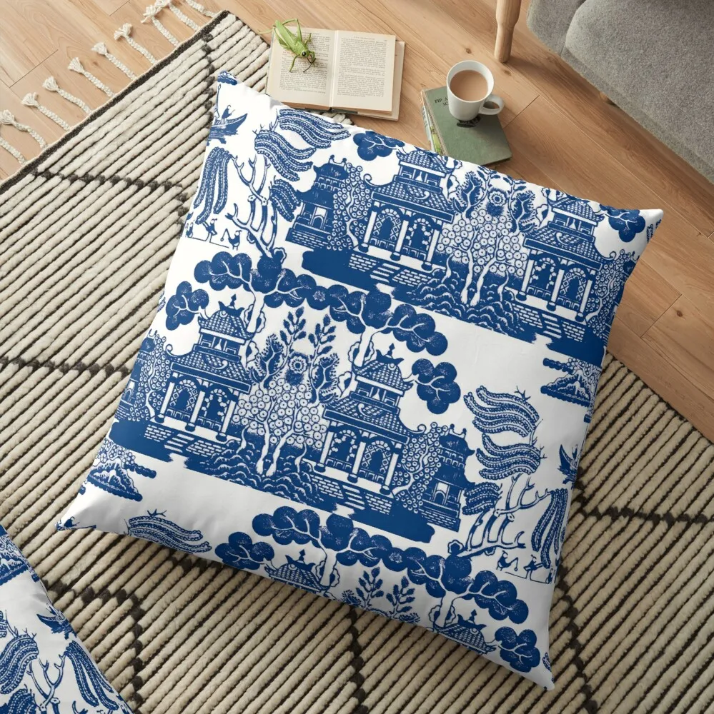 

Blue Willow Chinoiserie Blue And White Porcelain Inspiration Floor Pillow Elastic Cover For Sofa Christmas Pillow