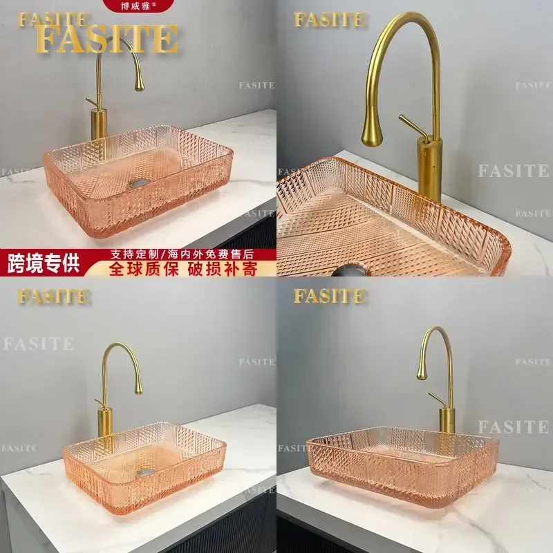 For Crystal Glass Rectangular Wash Basin Light Luxury Modern Bathroom Sink Vanity Top Countertop Household Decor