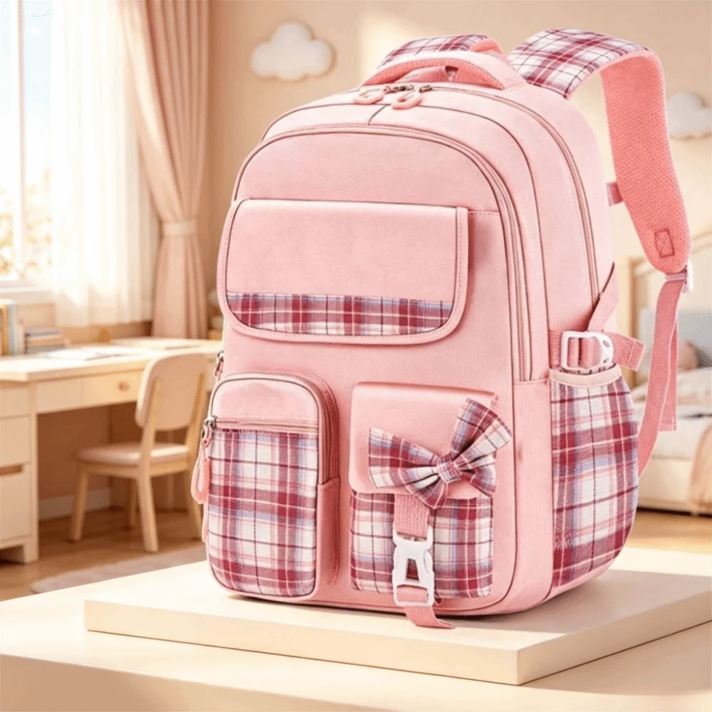 Spine Protection Large Capacity School Backpack Plaid Bow Student Backpack Ergonomic Breathable Kids Backpack Elementary School