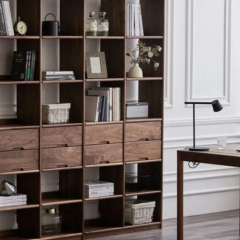 Nordic North American black walnut multi-layer bookshelf, modern minimalist study combination, bookcase