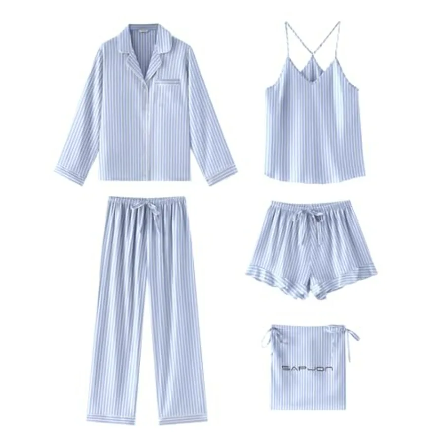 SAPJON Satin Silk Pajamas for Women Set 5PCS Classic Button Down Pajamas Top and Pants Cami and Ruffle Shorts Sleepwear