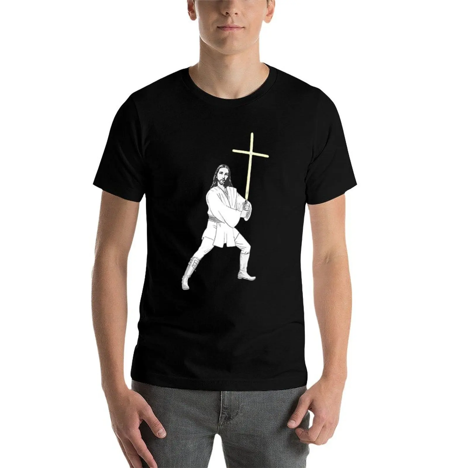 Jesus com espada de energia cruzada camiseta gráfica para homem camisetas para homem gráfico vintage camiseta