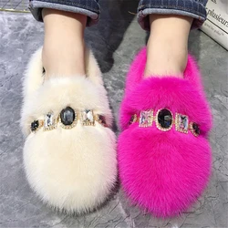 2024 nuove donne Furry Flats Crystal Decor Winter Warm Fur Shoes Casual mocassini espadrillas Ladies Walking Driving mocassini