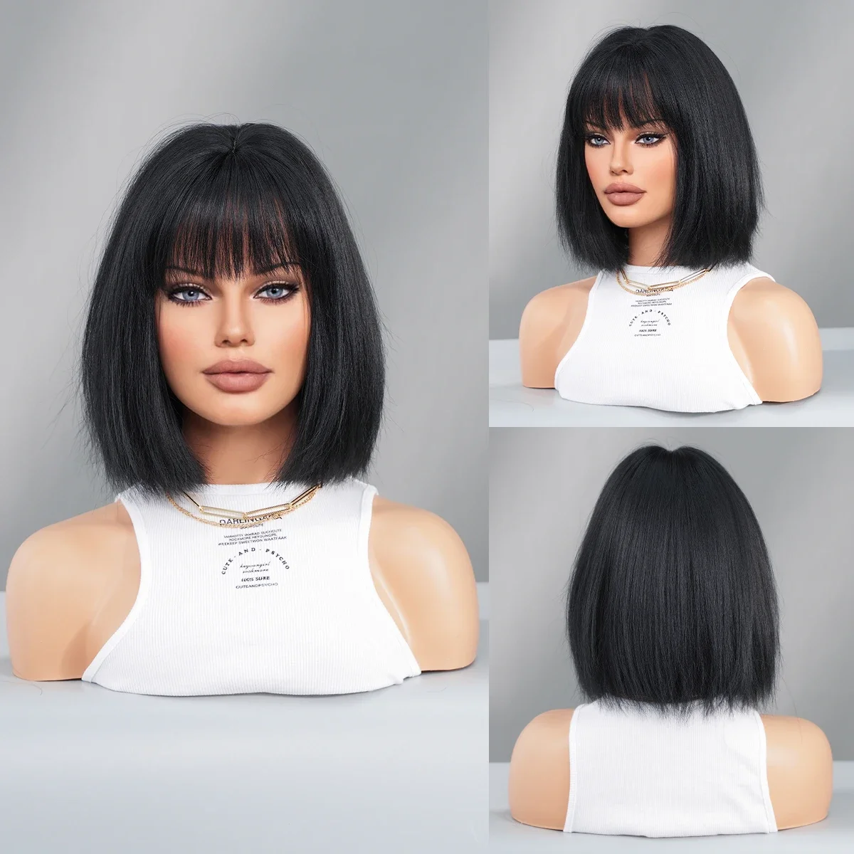 PARK YUN Short Straight Black Bob Wig for Women Daily Party High Density Synthetic Loose Hair Wigs With Bangs Natural Hair