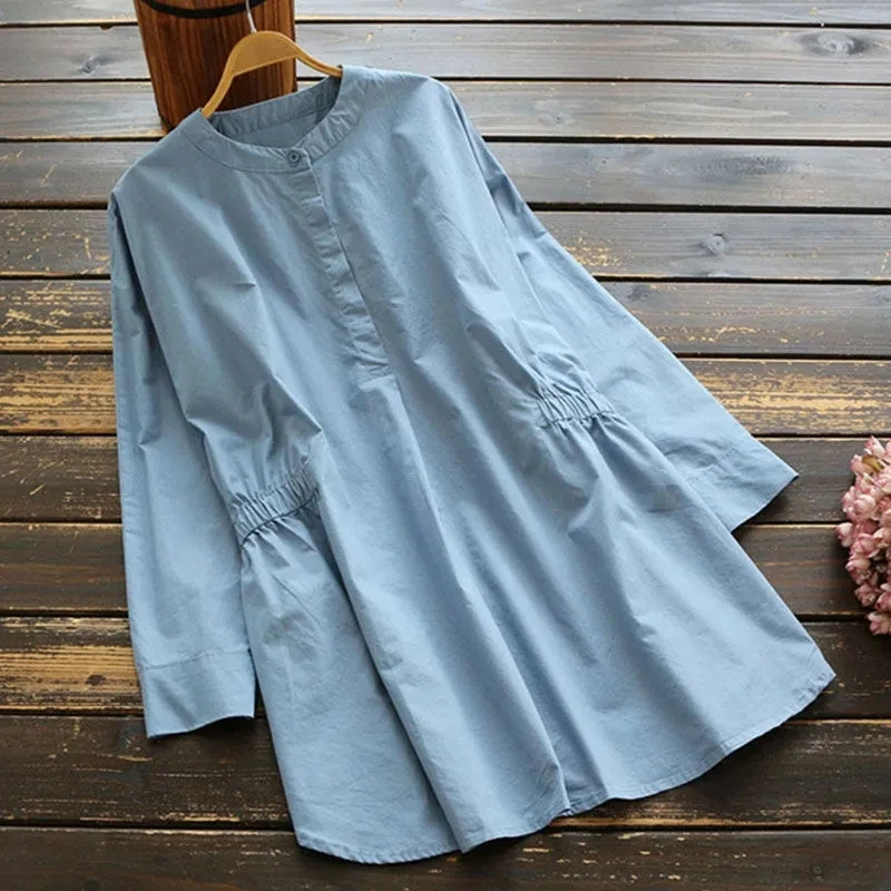 

Slimming Effect Loose Casual Women's irt Spring Summer Sle Waist-Cinching Large Size Vintage Cotton Long Sve irt