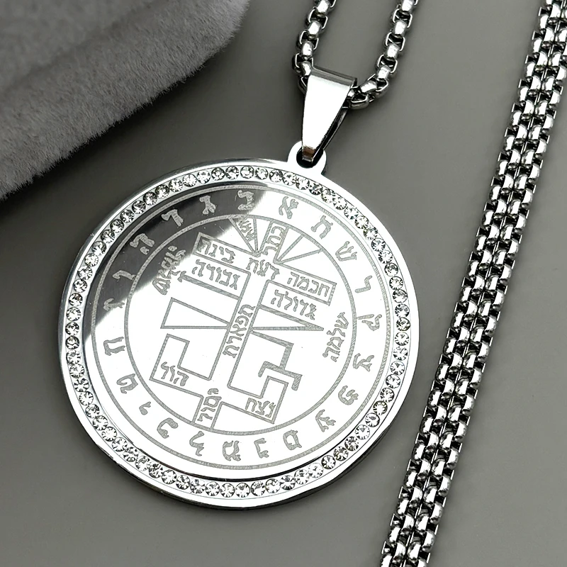 Key Of Solomon Pendant Necklace For Women Men Stainless Steel Rhinestones Hebrew Symbols Gothic Gold Color Chains Jewelry Gifts