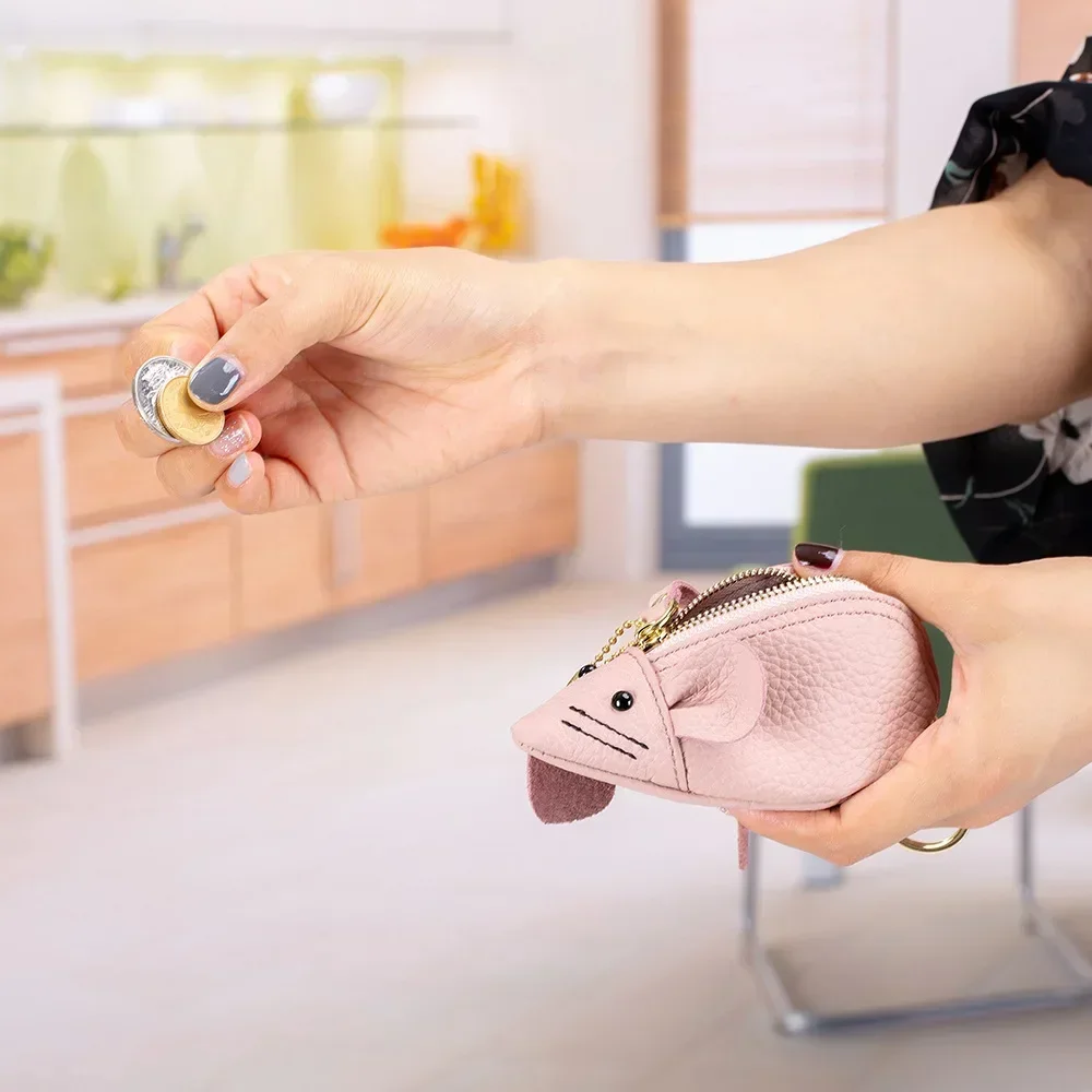Women's Leather Mini Coin Pouch - Cute Mouse Keyring Lipstick Clutch Bag with Pendant Charm for Gift Essentials