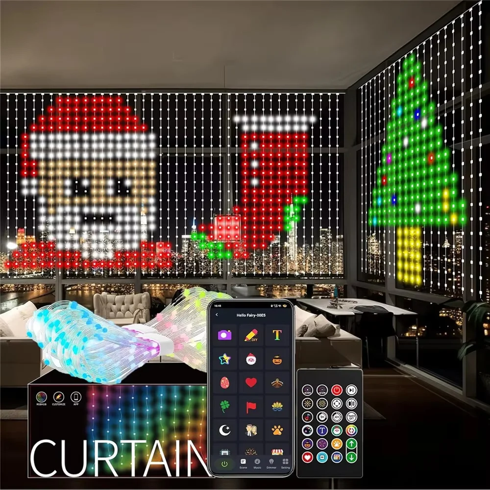 Smart RGB Pixel Curtain Lights Bluetooth APP Control DIY Text Pattern Programmable LED Curtain String Light Music Sync Remote Control Fairy Light Christmas Holiday Wedding Home Window Decor