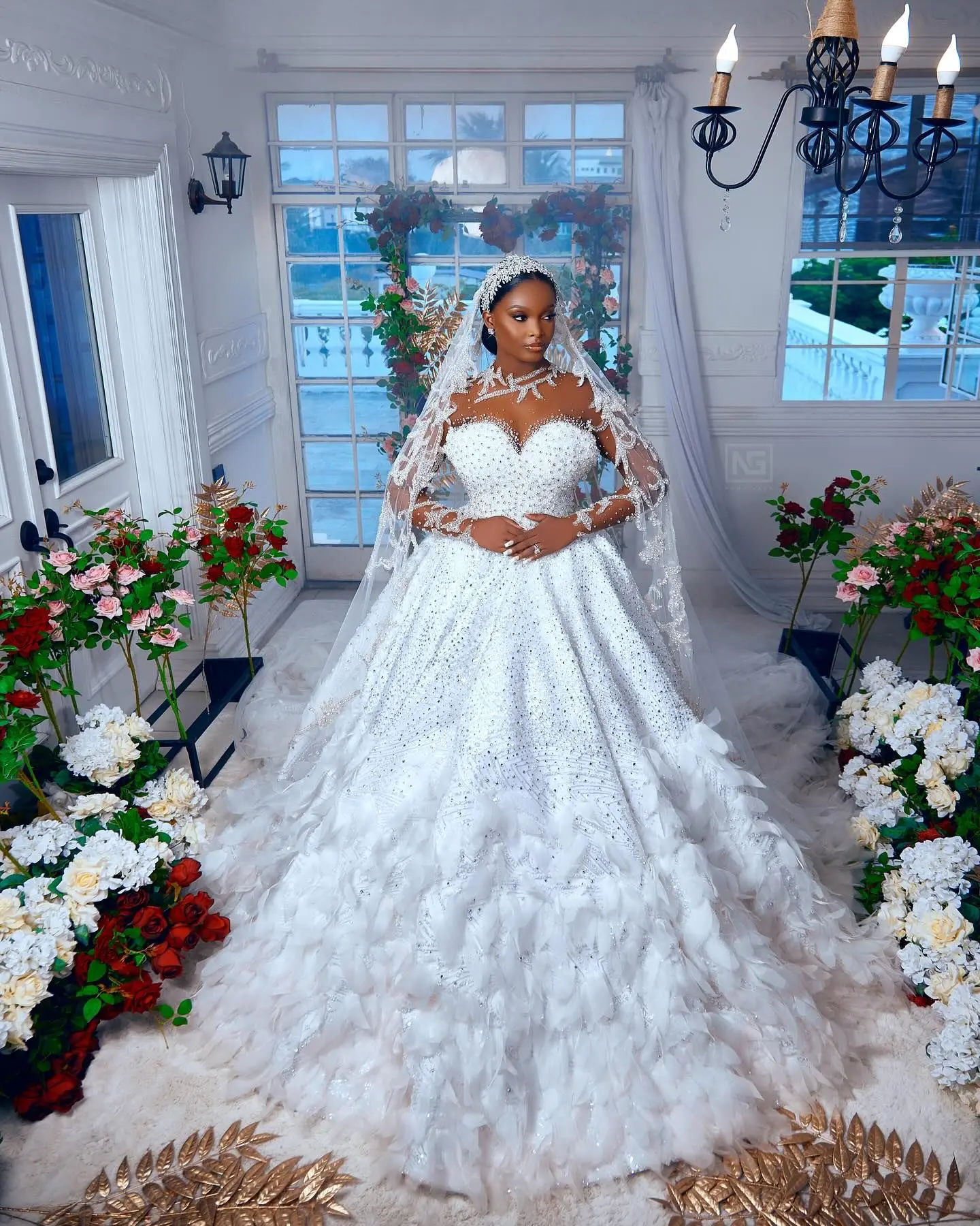 Customized A Line Wedding Dresses Long Sleeves Bridal Gowns Feather Beads Appliques Lace Button Back Sweep Robe