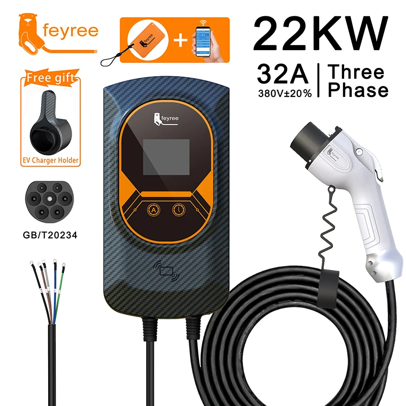 feyree EV Charger GB/T Cord 16A 32A EVSE Wallbox 7KW 11KW 22KW APP Control RFID Card Control 5m Cable for Electric Vehicle Car