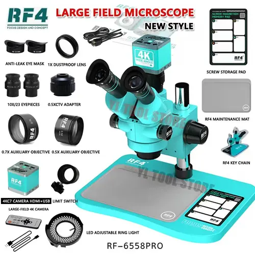 RF4 6558PRO 울트라 HD 삼안 스테레오 현미경 대형베이스 6.5X-58X 전화 PCB 용접 현미경 대형 필드 4K 2K 카메라