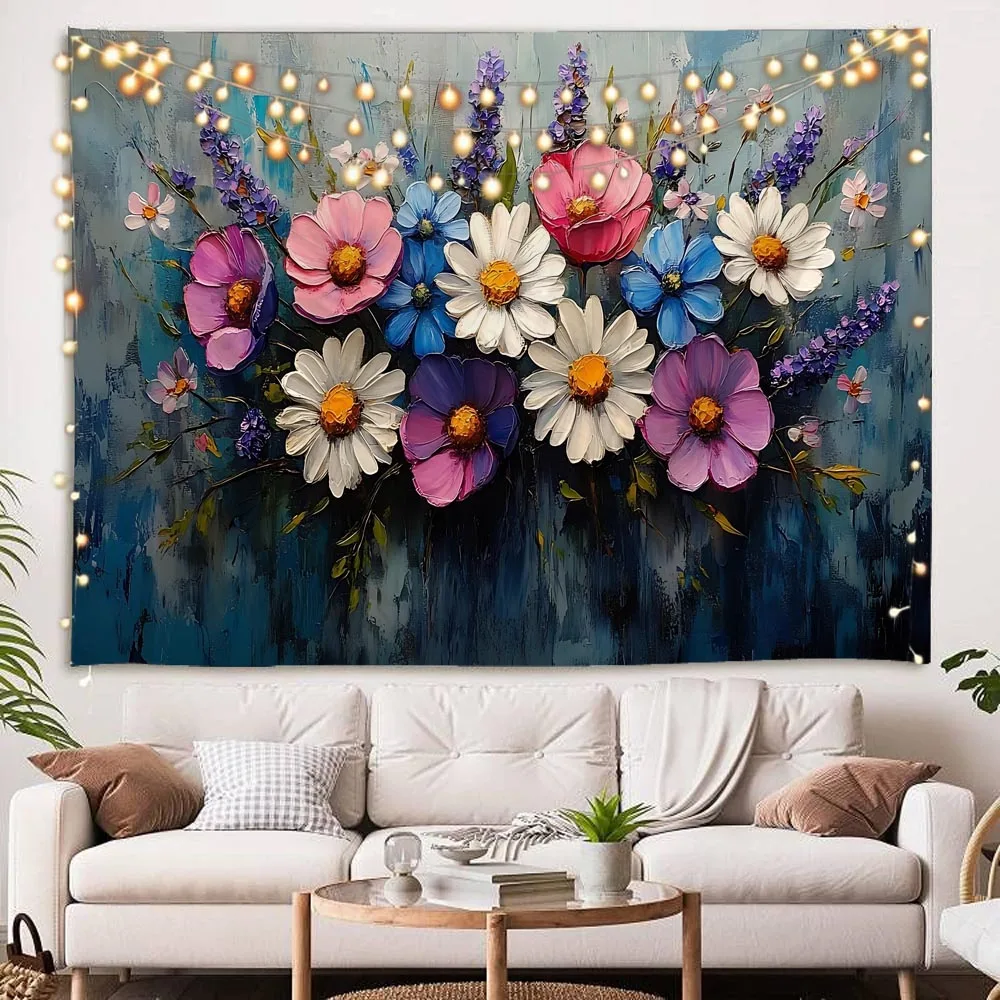 

Flower oil painting tapestry on the wall, retro aesthetic dreamy style wall decoration, suitable for bedrooms, living rooms