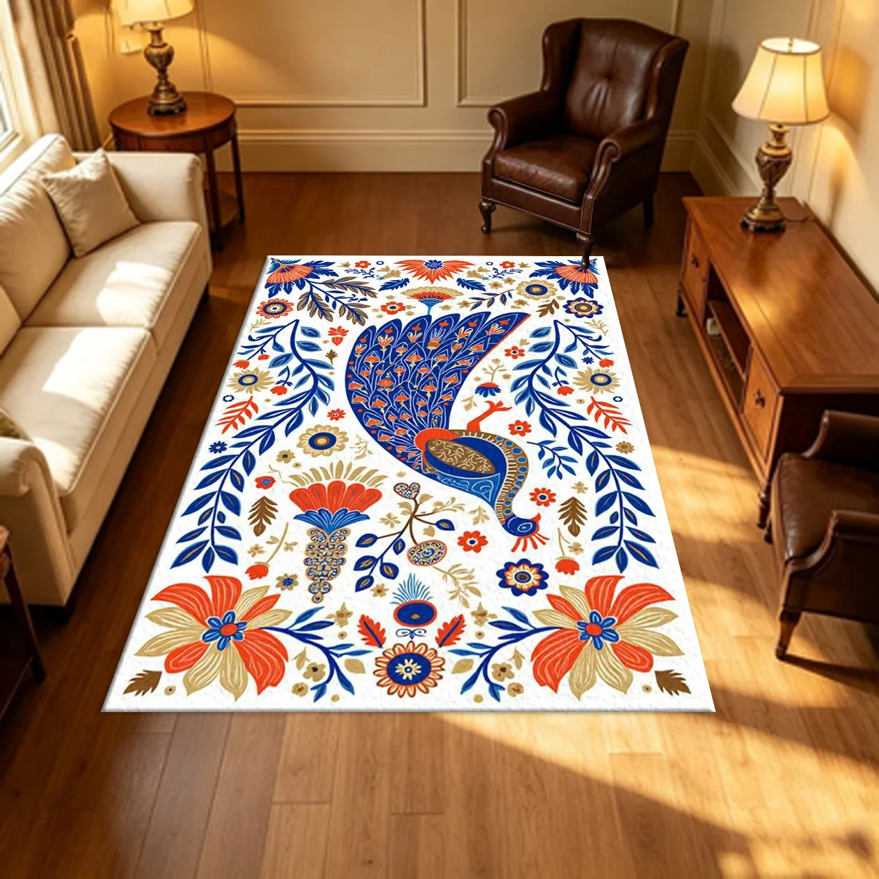 Boho Folk Style Peacock Floral Carpet Flooring Bright Color Bird Flower Motif Household Indoor Decor Large Floor Rug