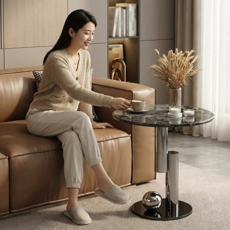 Modern Minimalist Round Marble End Table with Sleek Metal Base for Contemporary Living Room and Bedroom Use designer furniture