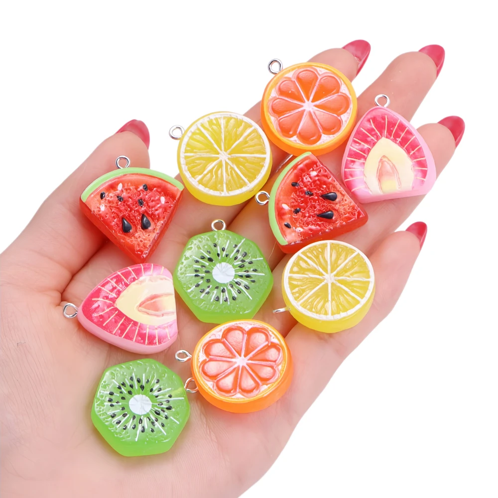 5Pcs Cute Watermelon,Orange,Strawberry,Lemon,Fruit Slices Series Pendant Resin Simulation Charms DIY Craft Jewelry Decorations