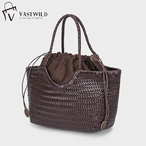 Bolsos de mano para mujer, bandolera de cuero auténtico, bolso de compras informal tejido, bolso grande Vintage, bolsos de mano cruzados de piel de vaca para mujer