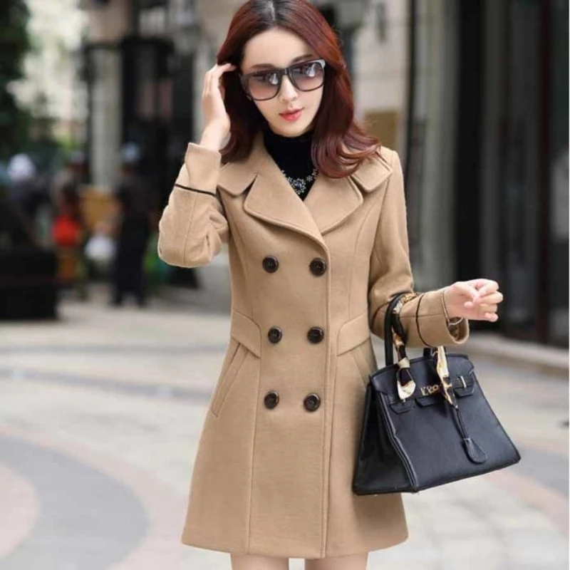 

Plus Size Autumn Winter Jacket Womens Double Breasted Solid Color Coat Korean Slim Female Woolen Jacket Womens Clothing