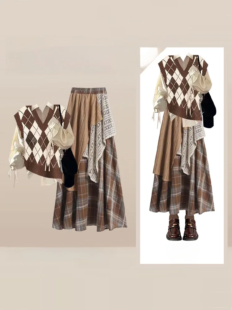 

Women's Plaid Knit Sweater Vest Autumn Winter Outerwear Casual Fashion Set with Half Skirt High Waist for Pear Shaped Body