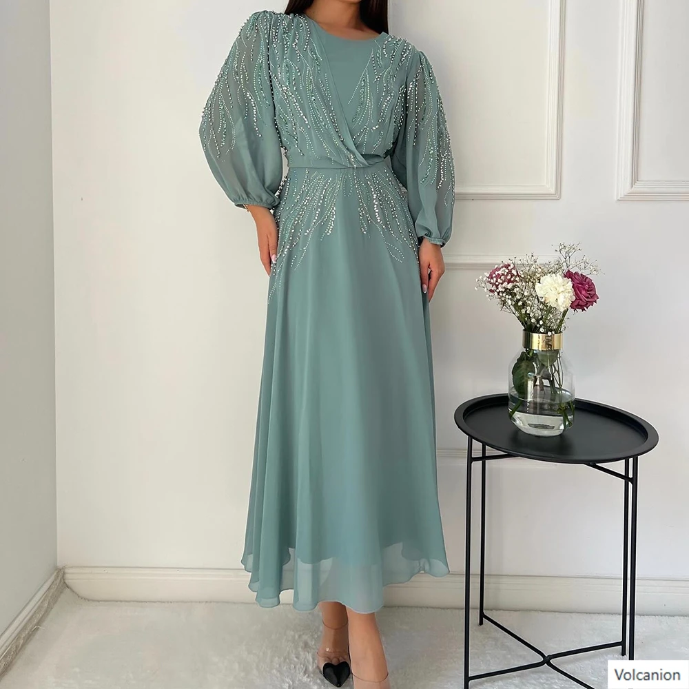 

Customized A-line Evening Dresses Tea-length O-neck Full Sleeve Prom Gown Fashion Crystal Sequined Simple Draped Party Gown