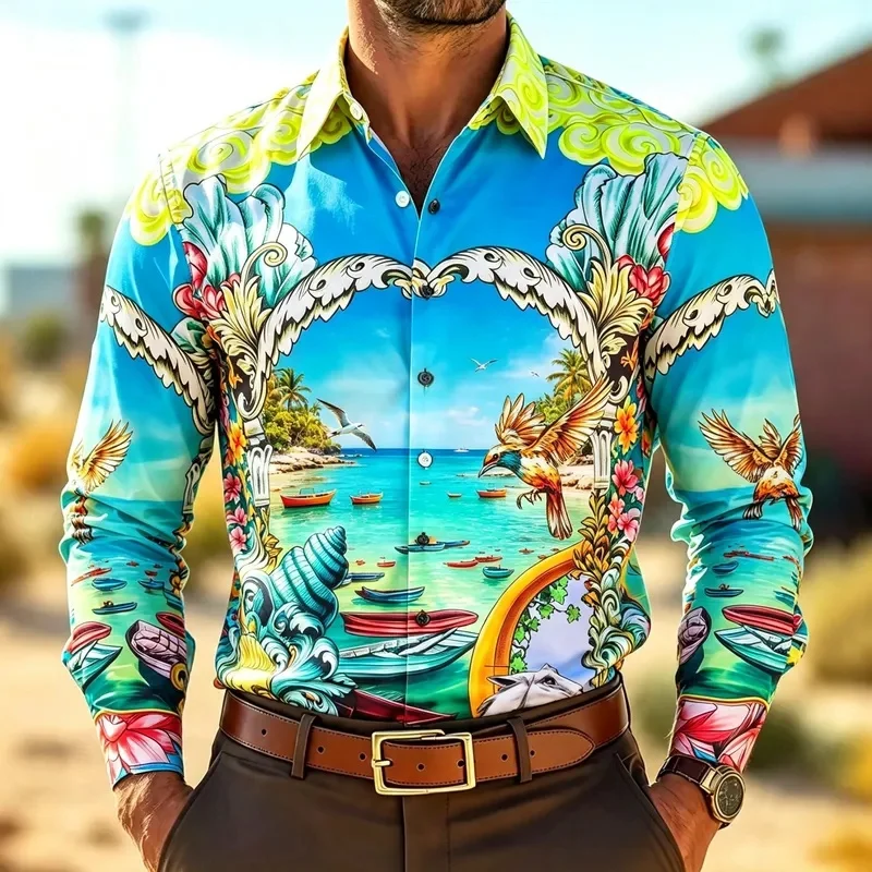 Men's Blue Yellow Coast Scenery Bird Art Print Long Sleeve 3D Shirt Turn Down Collar Travel Vacation Fashion Casual Shirts