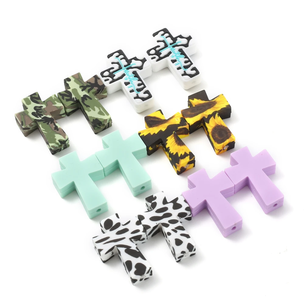 10Pcs 22x31mm Colorful Cross Shape Silicone Beads Print Leopard Teether Bead Handmade Jewelry Making DIY Necklace Pacifier Chain