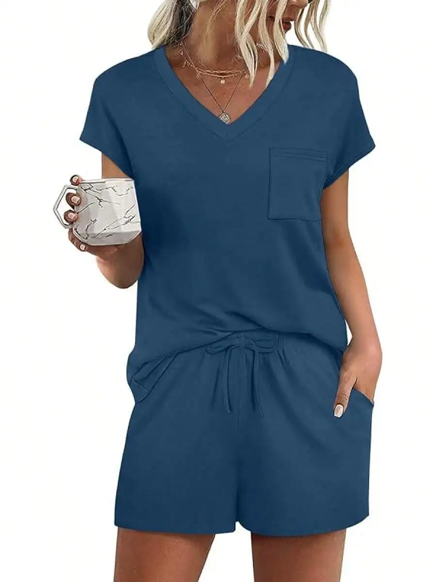 Women 2 Piece Cap Sleeve Lounge Short Set With Pockets Solid Color Comfortable Sleepwear