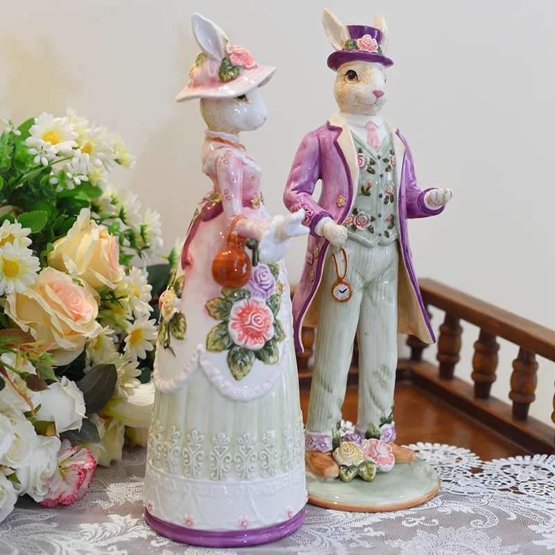 Luxury Ceramic Alice Rabbit Decorative Figurine, Hand-Painted Rabbit Couple Statues Oranment Home Decor Easter Bunny Gifts