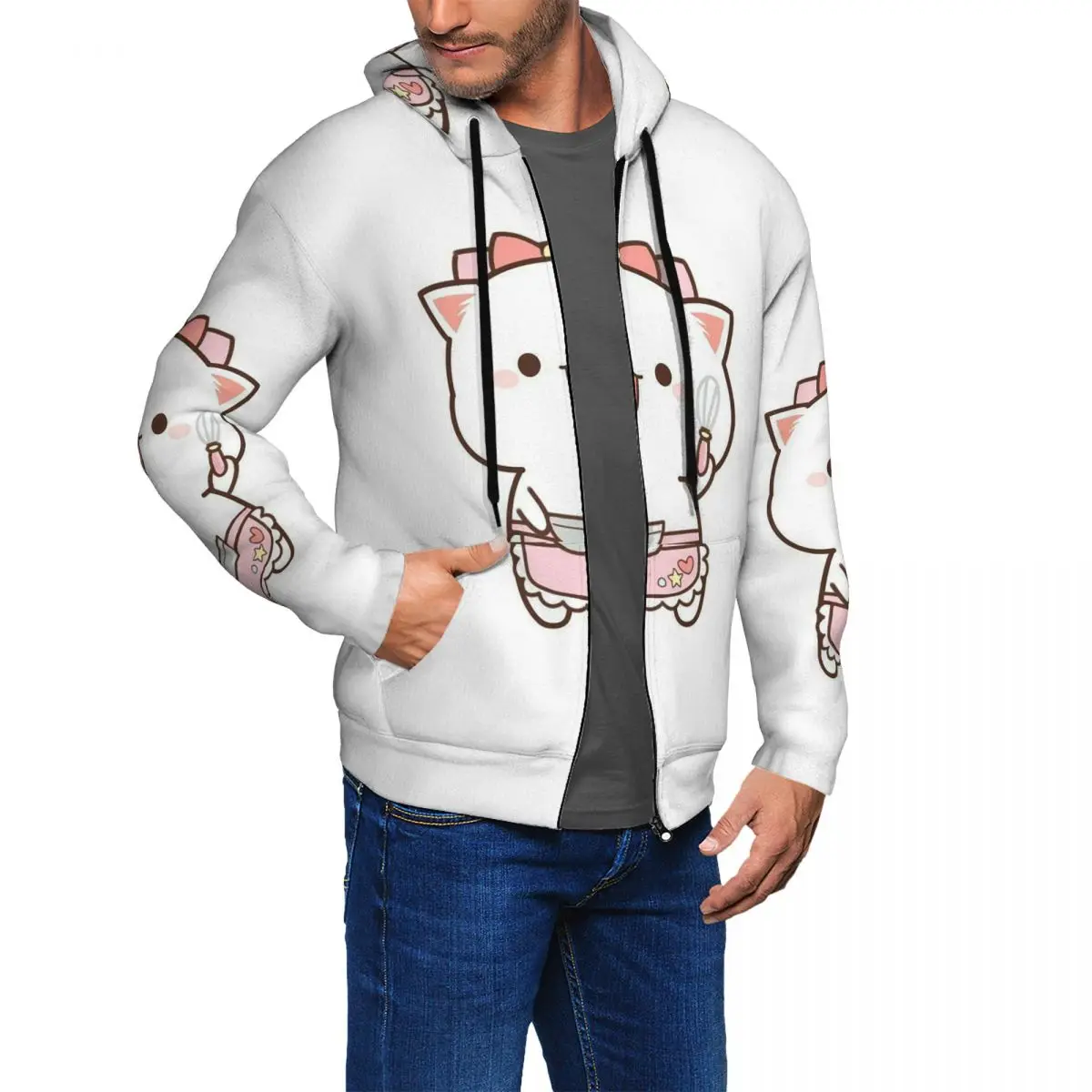 Funny Cooking Master Peach And Goma Mochi Cat Zipper Hoodies Pullover Autumn Winter Men's Women's Sweatshirt Long Sleeve Tops