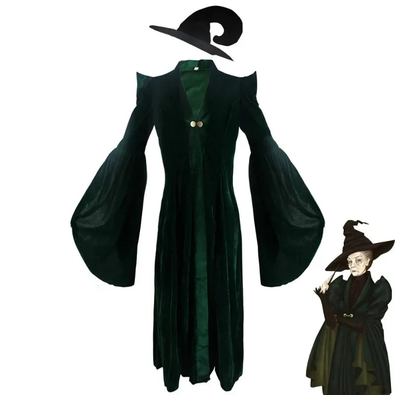 Minerva McGonagall Professor Costume Hogwarts School Witchcraft Wizard Magic Gown Robe Gothic Dress Women Halloween Witch Outfit