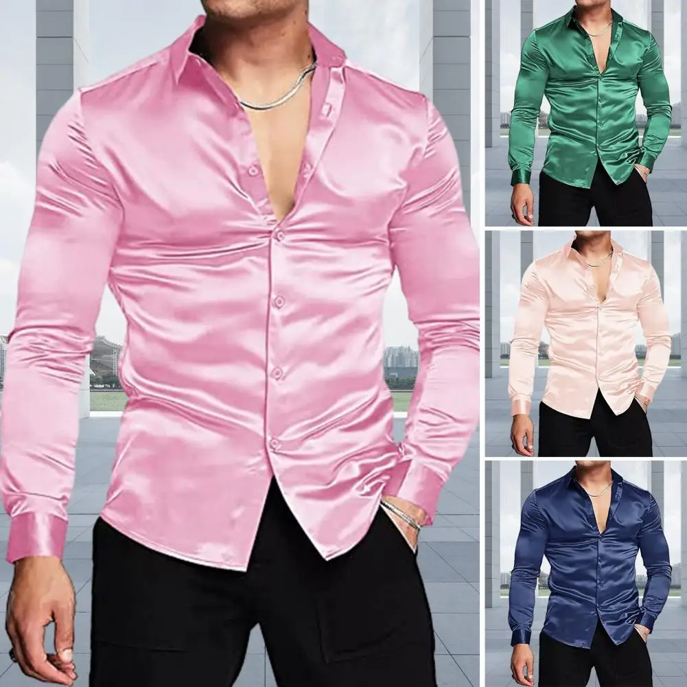 2026 Pink Silk Satin Luxury Dress Shirt Men 2023 New Slim Long Sleeve Tuxedo Shirt Male Wedding Club Party Dance Prom Camisas