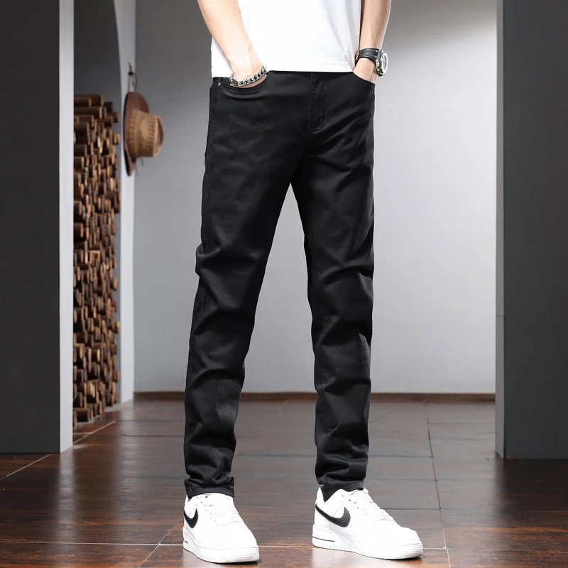 Summer Black Jeans Men Casual Slim Fit Straight Denim Pants Korean Style Simple Solid Color Trousers