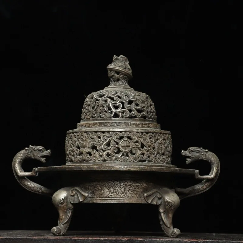 Vintage Bronze Incense Burner, Hollow Openwork Censer Elephant Tripod Feet, Chinese Antique Incense Holder Home Decor Ornament