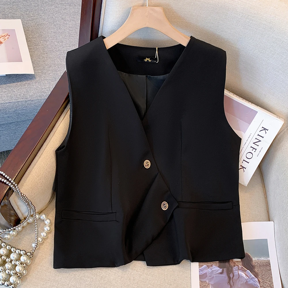 

2025 new Plus size women's black temperament commuter suit waistcoat with two buttons loose and comfortable short sleeveless top