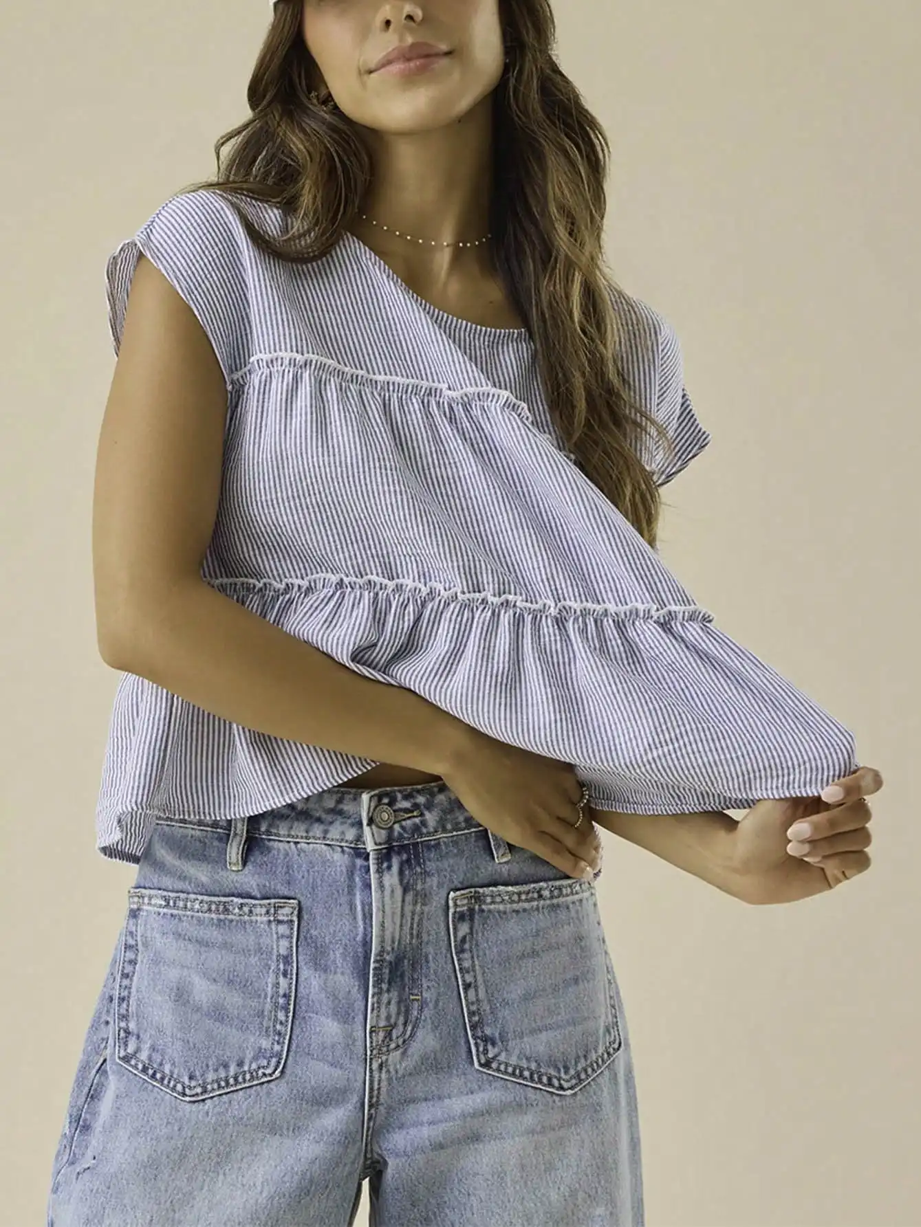 

Women's Striped Ruffled Peplum Crop Top Short Sleeve Boho Blouse