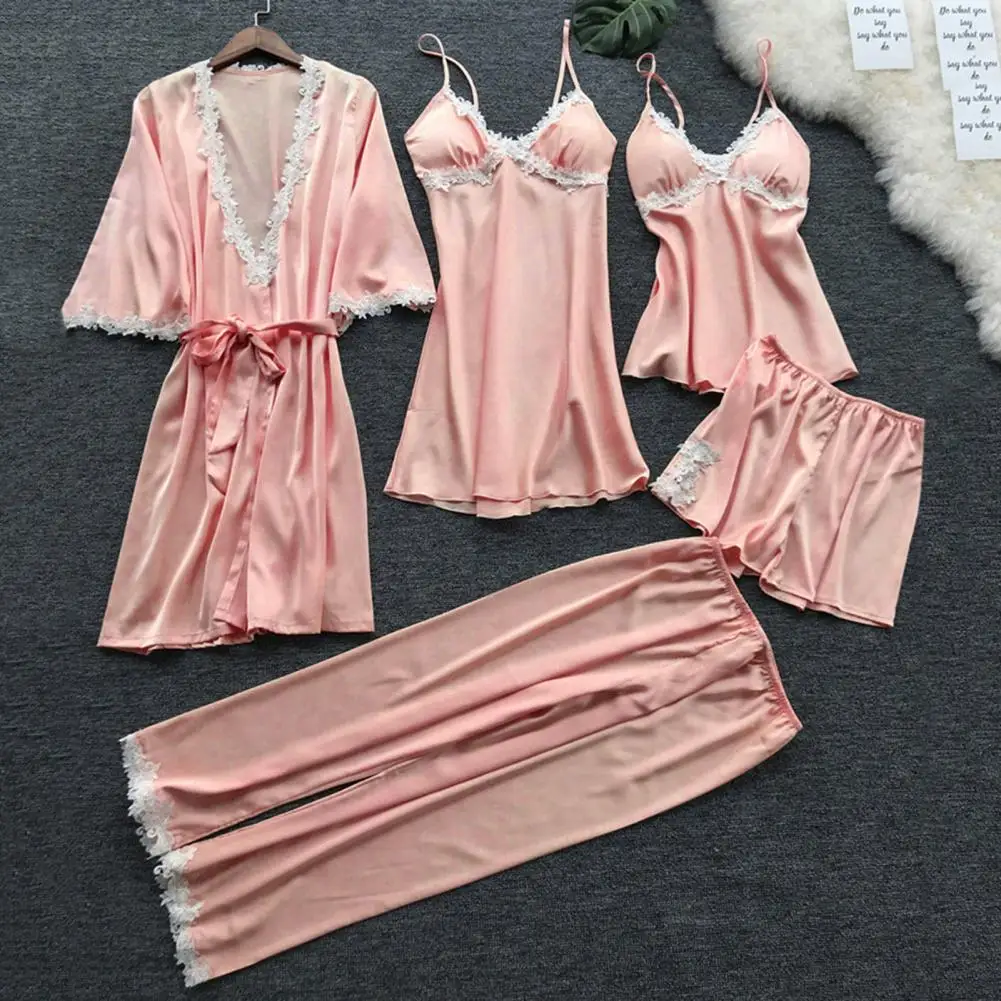 

Women Pajamas Suit, Nightgown Nightdress Top Shorts Pants Set, Silky Satin, Lace, Loose Lace-up Waist, Thin Women Sleepwear Set