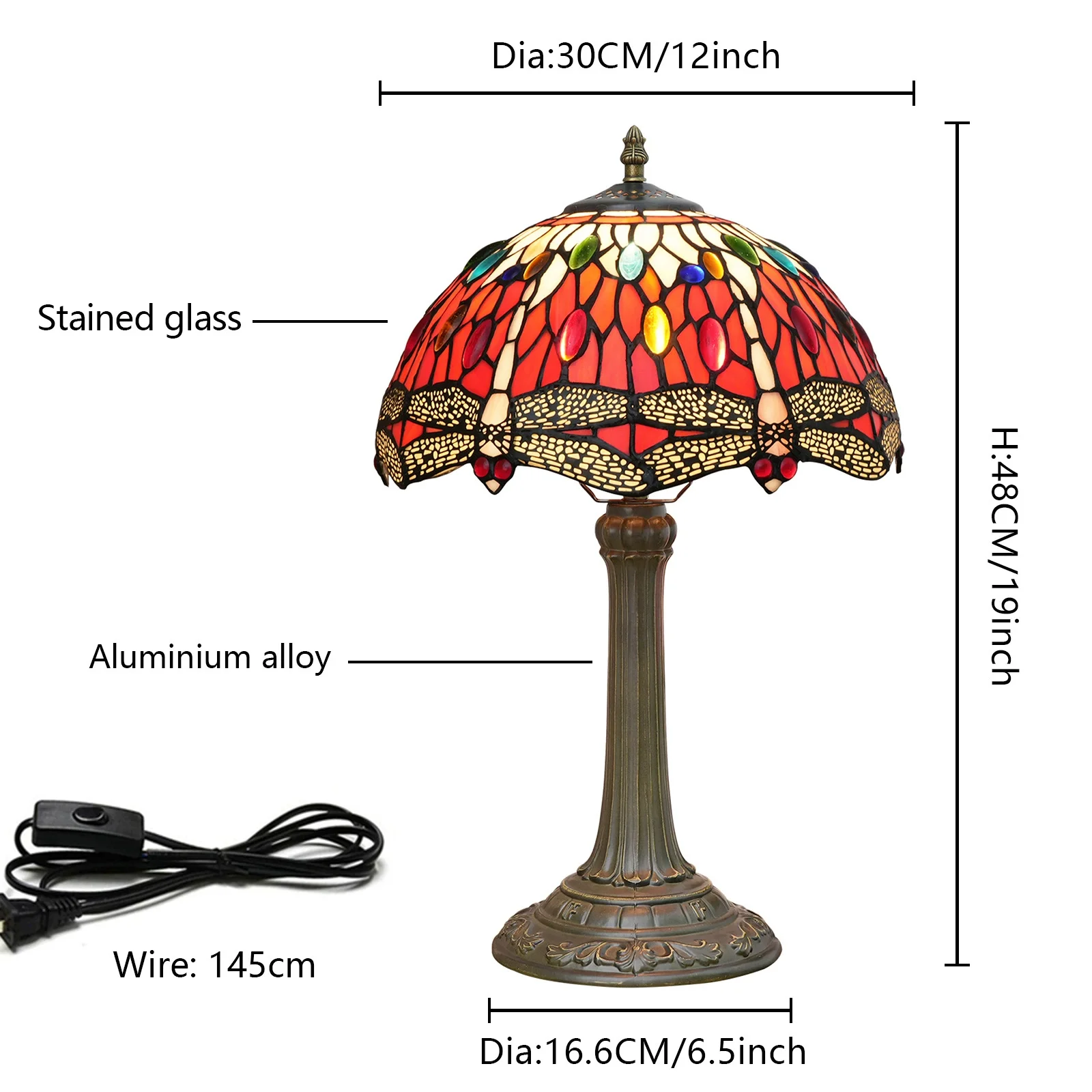 12 นิ้ว 30 ซม.Tiffany Stained Glass โคมไฟตั้งโต๊ะอเมริกันสีแดง DRAGONFLY โคมไฟเกสต์ห้องรับประทานอาหารบาร์ห้องนอนโคมไฟข้างเตียง